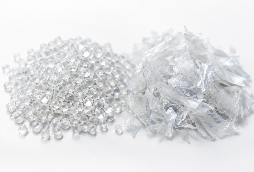 Virgin PET resin pellets and recycled PET flakes